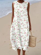 Damen-Kleid mit rosa Blumen druck Leinen ohne Ärmel